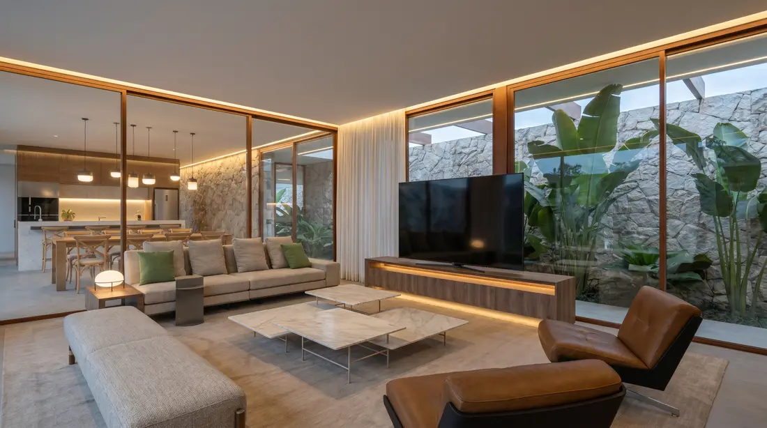 Render dirigido com IA — Casa 3, sala de estar